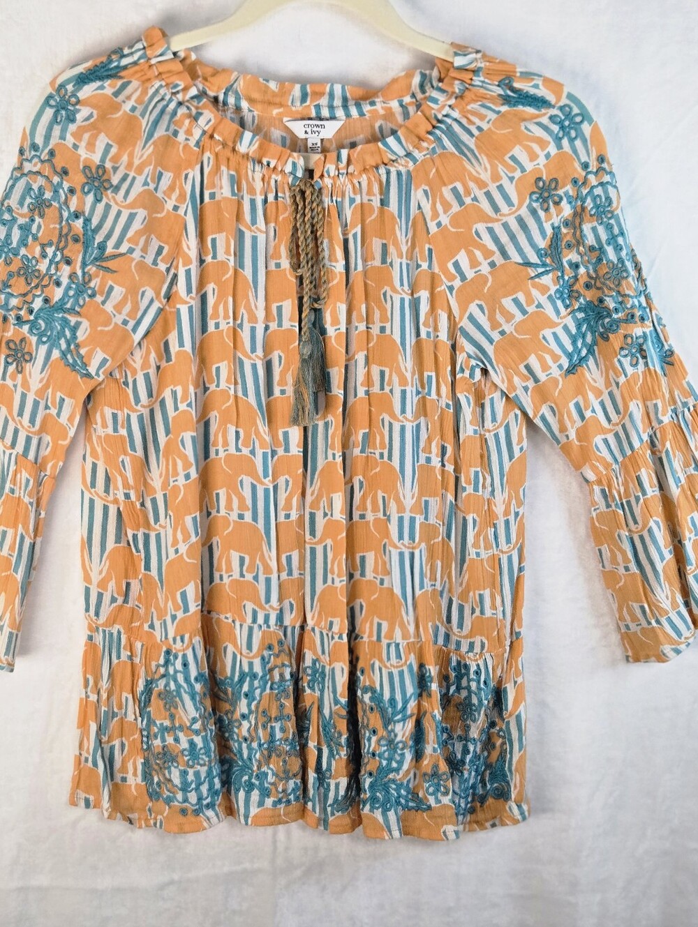 Crown & Ivy Orange Elephant Print Embroidered Peasant Blouse XS Teal Stripe